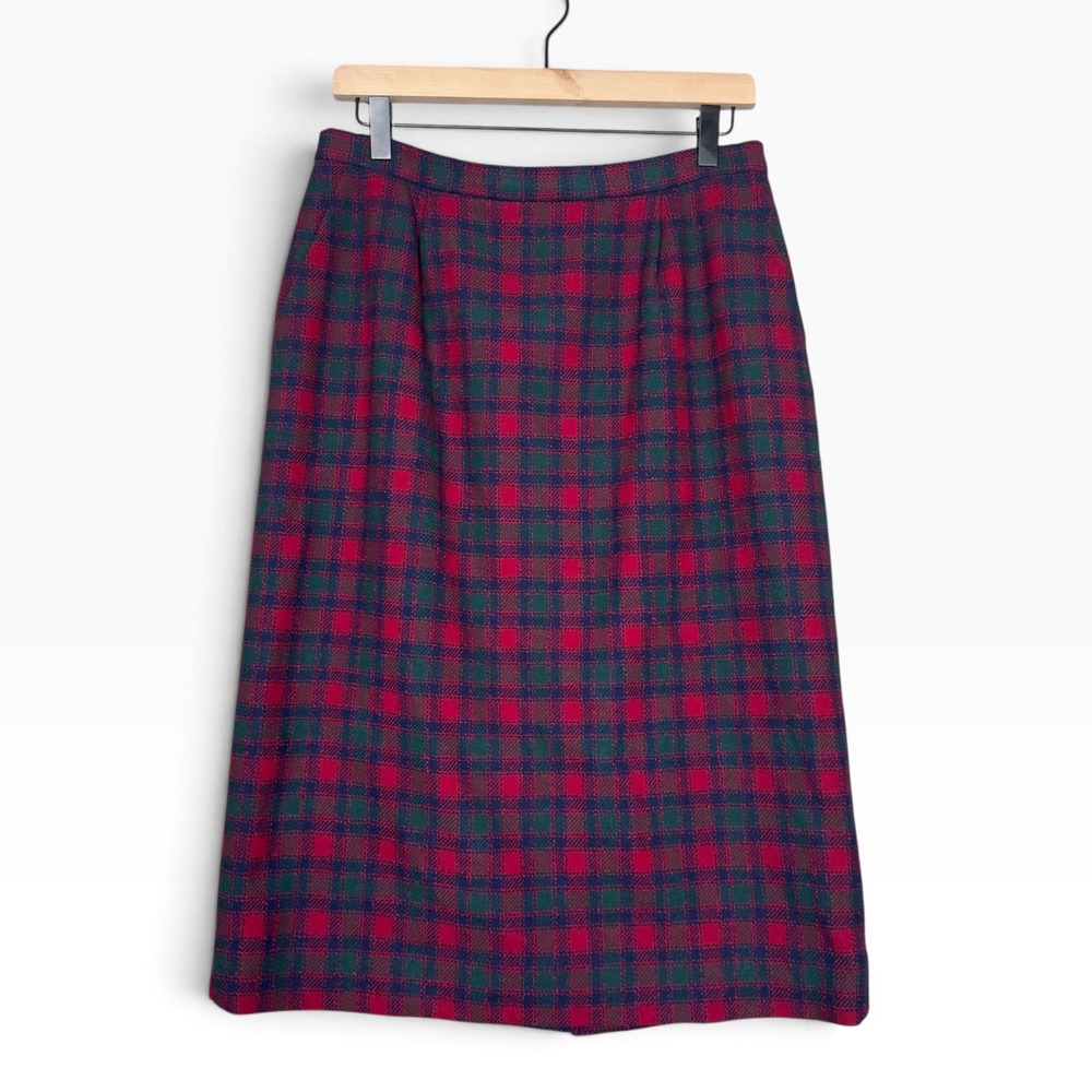 Pendleton Plaid Holiday Skirt Women 12 Red Green Vintage Wool Pencil Pockets